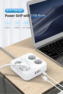 4-Vägs Grenuttag med 3 st USB + 1 st USB-C, Kvadratisk