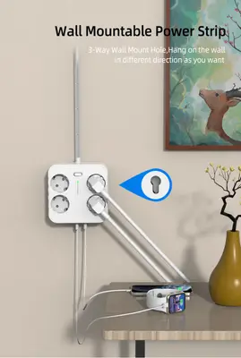 4-Vägs Grenuttag med 3 st USB + 1 st USB-C, Kvadratisk