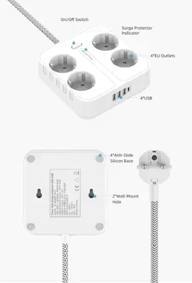 4-Vägs Grenuttag med 3 st USB + 1 st USB-C, Kvadratisk