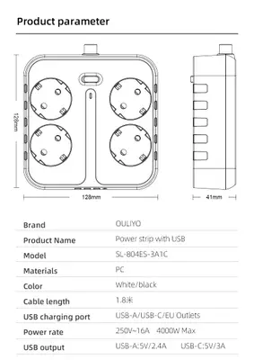 4-Vägs Grenuttag med 3 st USB + 1 st USB-C, Kvadratisk
