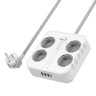 4-Vägs Grenuttag med 3 st USB + 1 st USB-C, Kvadratisk