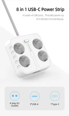 4-Vägs Grenuttag med 3 st USB + 1 st USB-C, Kvadratisk