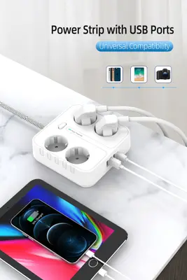 4-Vägs Grenuttag med 3 st USB + 1 st USB-C, Kvadratisk