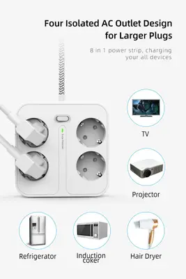 4-Vägs Grenuttag med 3 st USB + 1 st USB-C, Kvadratisk