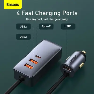 Baseus Share Together 3 USB + 1 USB-C Billaddare, 3A, 1.5m - Grå