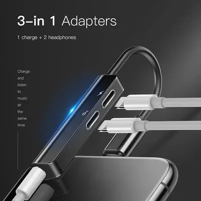 Baseus Lightning Adapter, Dubbla Lightning + Aux 3.5 mm - Svart