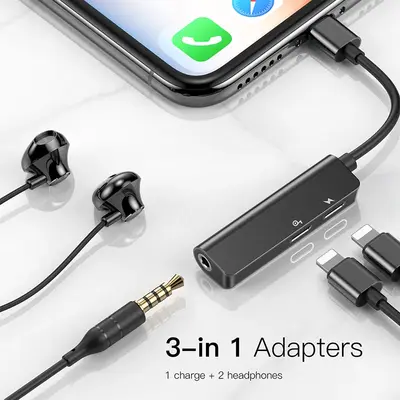 Baseus Lightning Adapter, Dubbla Lightning + Aux 3.5 mm - Svart