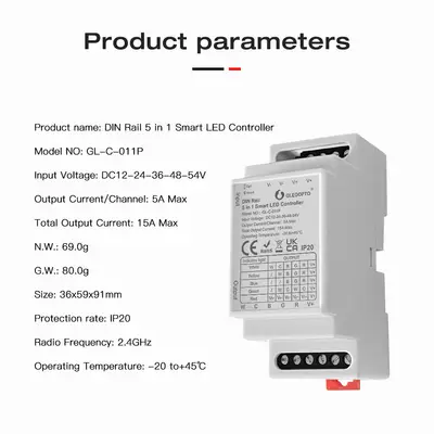Gledopto DIN-rail 5-in-1 Led-strip Controller Produkt parameter
