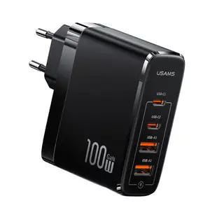 Usams GaN Snabbladdare 100W, 2x USB-C + 2x USB-A - Svart