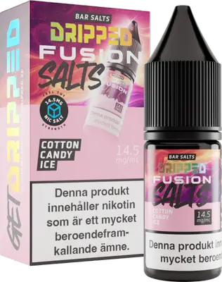 Dripped Fusion Salts Cotton Candy Ice, nikotinsalt 14,5 mg, 10 ml flaska med förpackning, tillverkad i United Kingdom