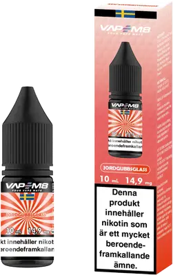 VapeM8 Salt Jordgubbsglass flaska och box, 10 ml, nikotinsalt 14,9 mg, blandning 50VG/50PG, tillverkad i Sverige av Vapem8